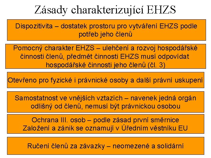 Zásady charakterizující EHZS Dispozitivita – dostatek prostoru pro vytváření EHZS podle potřeb jeho členů