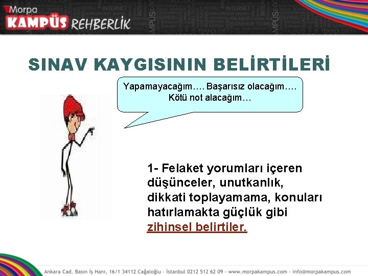 SINAV KAYGISININ BELİRTİLERİ Yapamayacağım…. Başarısız olacağım…. Kötü not alacağım… 1 - Felaket yorumları içeren