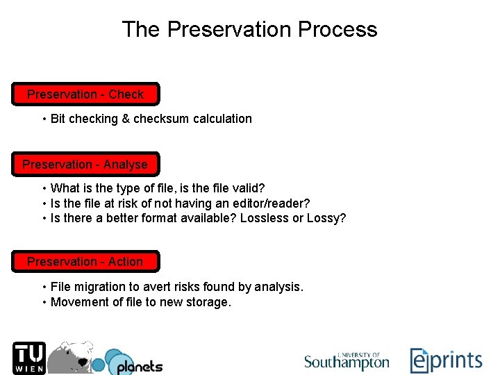 The Preservation Process Preservation - Check • Bit checking & checksum calculation Preservation -