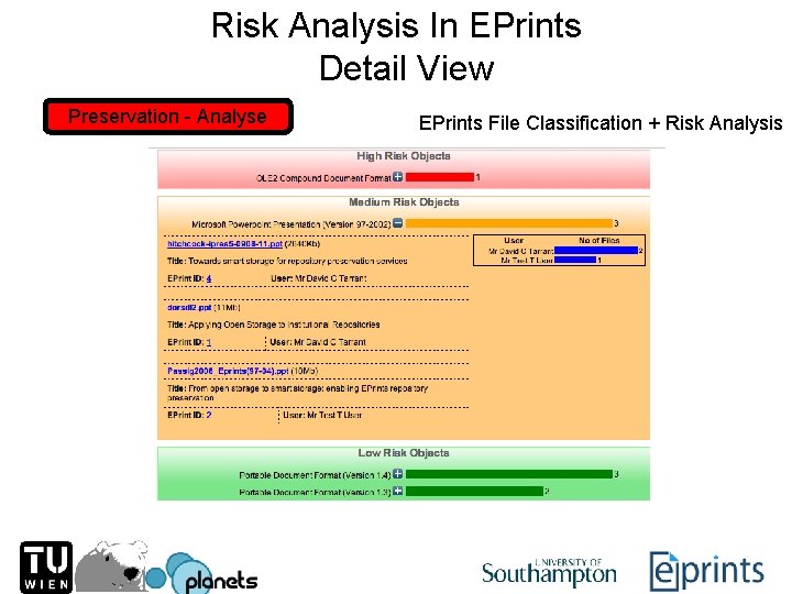 Risk Analysis In EPrints Risk Analysis Detail View Preservation - Analyse EPrints File Classification