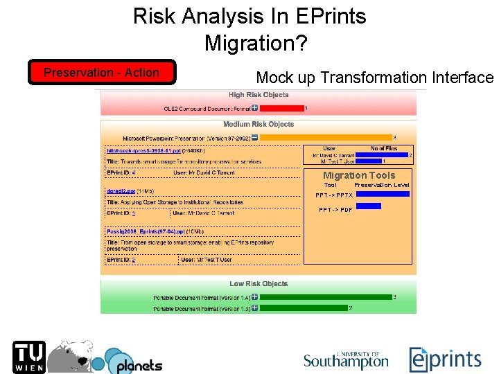 Risk Analysis In EPrints Transformation? Migration? Preservation - Action Mock up Transformation Interface Migration