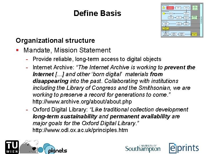 Define Basis Organizational structure § Mandate, Mission Statement - Provide reliable, long-term access to