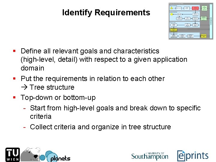 Identify Requirements § Define all relevant goals and characteristics (high-level, detail) with respect to