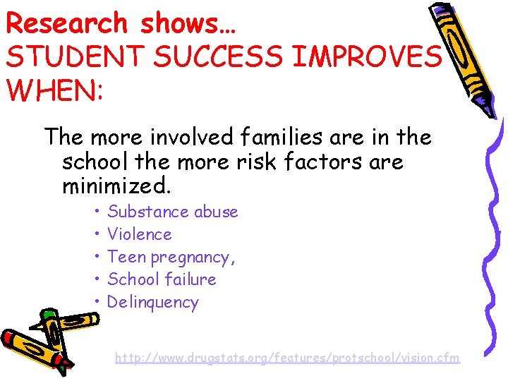 Research shows… STUDENT SUCCESS IMPROVES WHEN: The more involved families are in the school