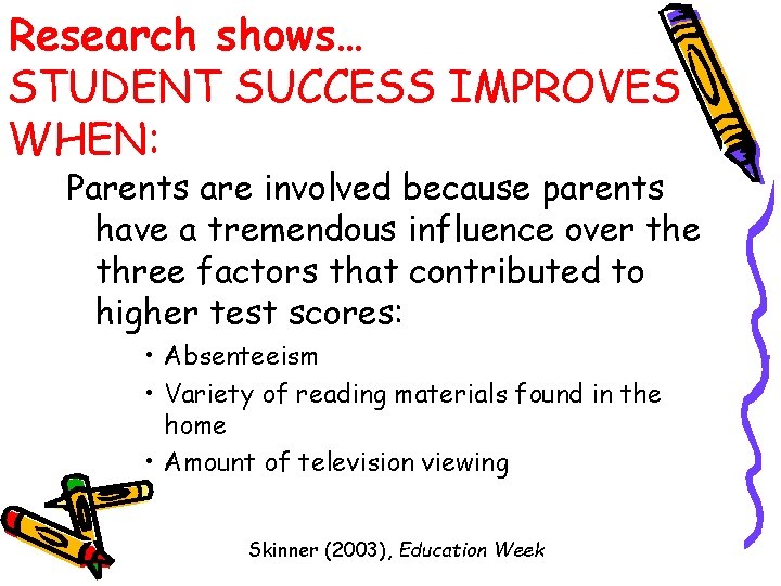 Research shows… STUDENT SUCCESS IMPROVES WHEN: Parents are involved because parents have a tremendous