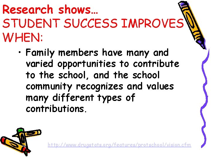 Research shows… STUDENT SUCCESS IMPROVES WHEN: • Family members have many and varied opportunities