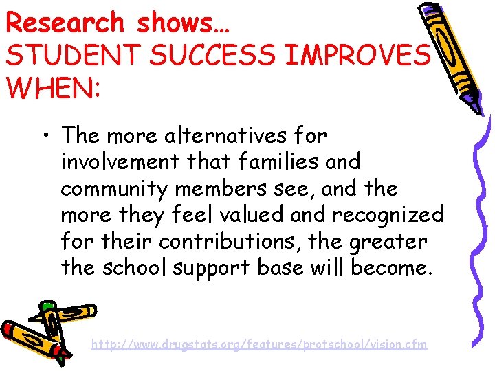 Research shows… STUDENT SUCCESS IMPROVES WHEN: • The more alternatives for involvement that families