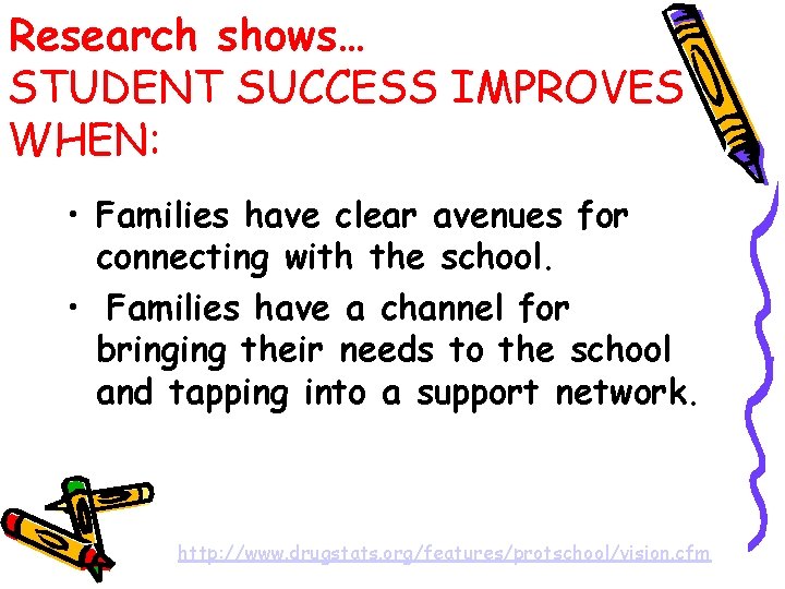 Research shows… STUDENT SUCCESS IMPROVES WHEN: • Families have clear avenues for connecting with