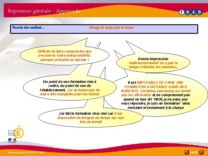 Impression générale - Apprenants Pourrait être amélioré… Manque de temps pour se former Difficile