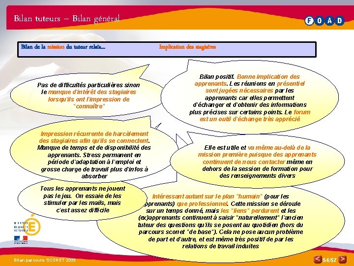 Bilan tuteurs – Bilan général Bilan de la mission du tuteur relais… Implication des