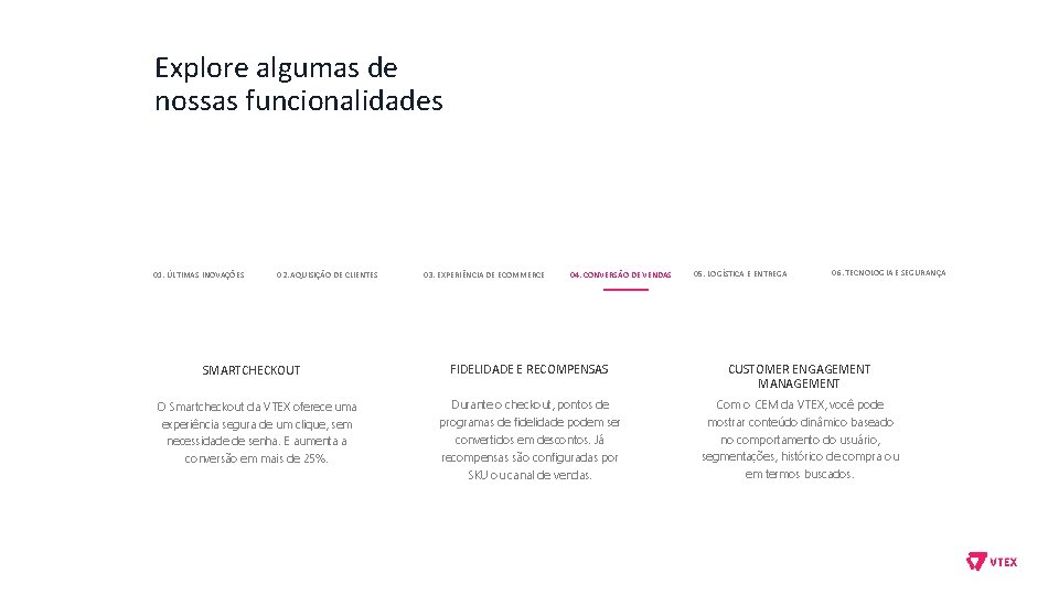 Explore algumas de nossas funcionalidades 01. ÚLTIMAS INOVAÇÕES 02. AQUISIÇÃO DE CLIENTES SMARTCHECKOUT O