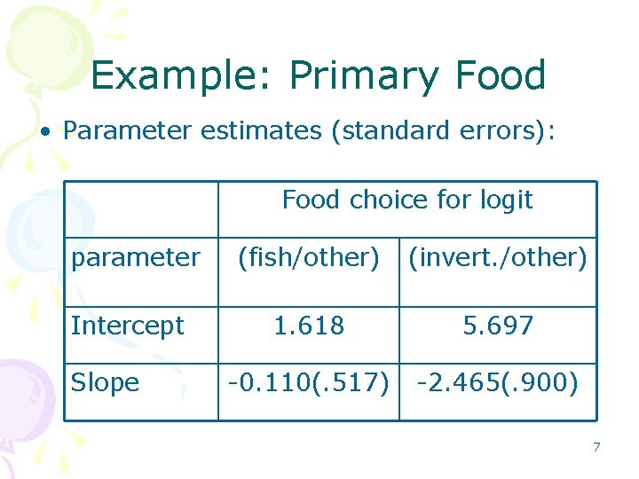 Example: Primary Food • Parameter estimates (standard errors): Food choice for logit parameter Intercept