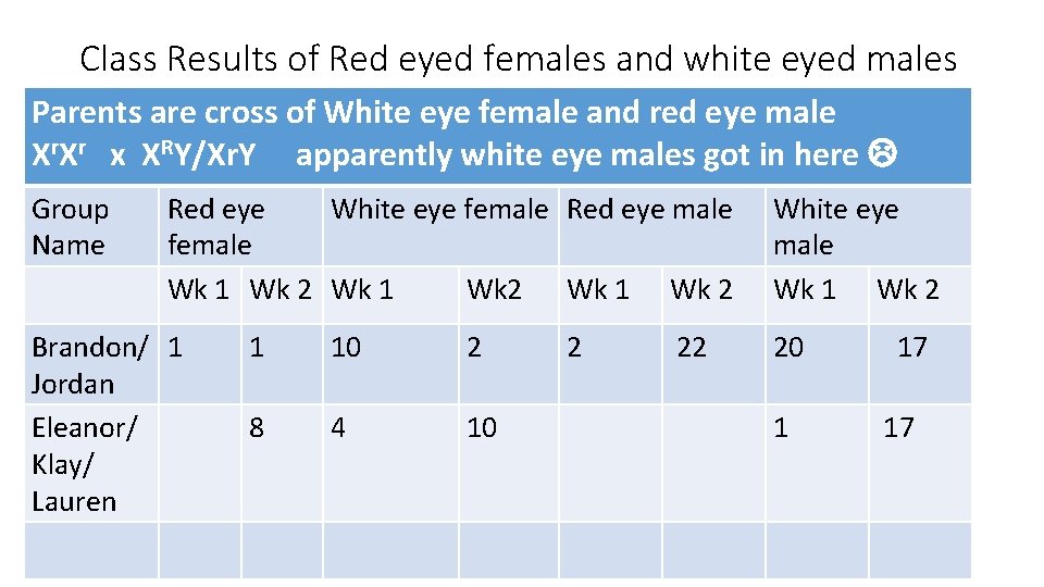 Class Results of Red eyed females and white eyed males Parents are cross of