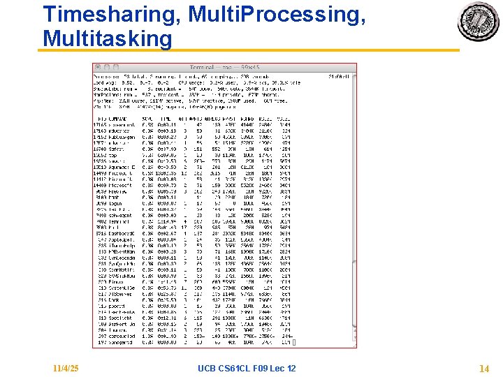 Timesharing, Multi. Processing, Multitasking 11/4/25 UCB CS 61 CL F 09 Lec 12 14 Timesharing, Multi. Processing, Multitasking 11/4/25 UCB CS 61 CL F 09 Lec 12 14