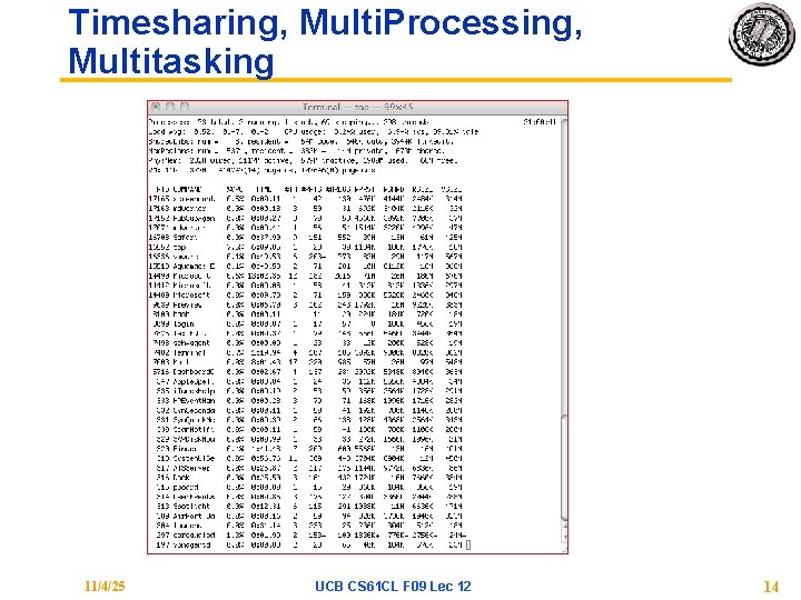 Timesharing, Multi. Processing, Multitasking 11/4/25 UCB CS 61 CL F 09 Lec 12 14