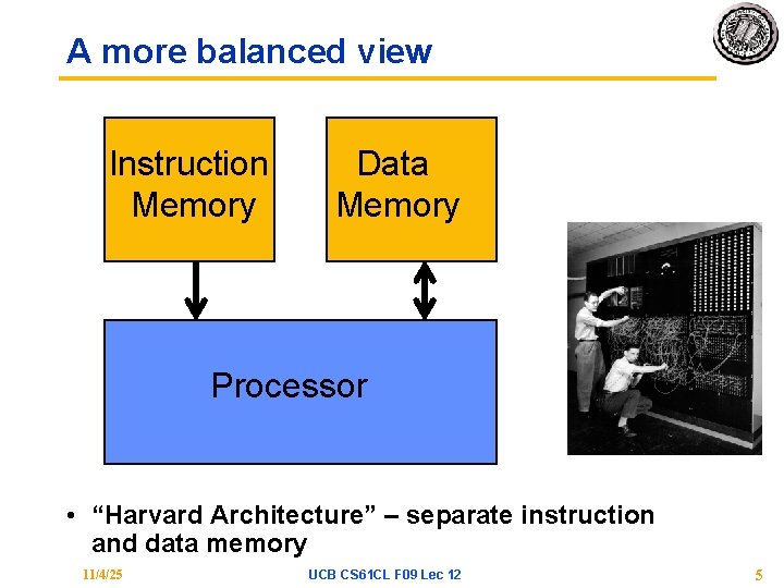 A more balanced view Instruction Memory Data Memory Processor • “Harvard Architecture” – separate A more balanced view Instruction Memory Data Memory Processor • “Harvard Architecture” – separate
