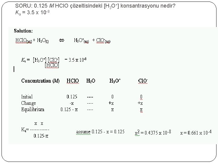 SORU: 0. 125 M HCl. O çözeltisindeki [H 3 O+] konsantrasyonu nedir? Ka =