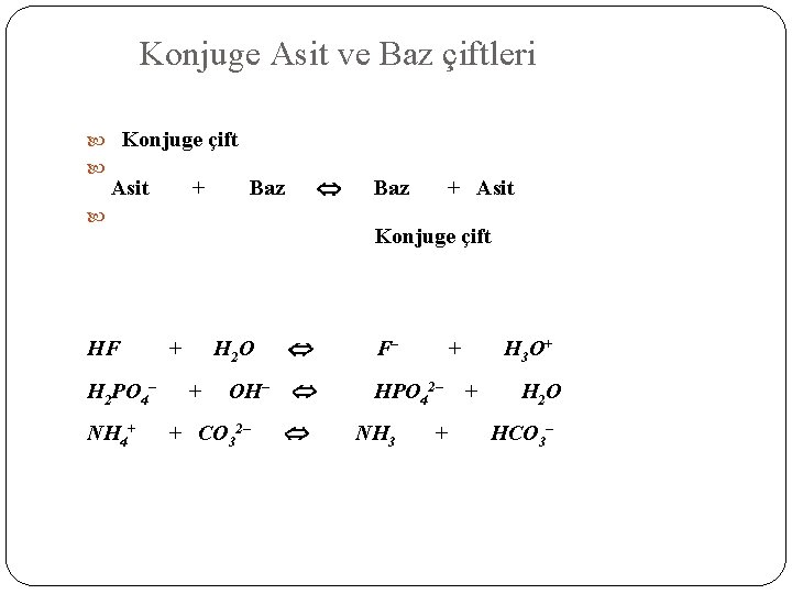 Konjuge Asit ve Baz çiftleri Konjuge çift Asit + Baz HF H 2 PO