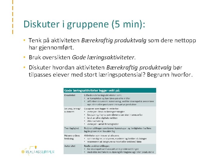 Diskuter i gruppene (5 min): • Tenk på aktiviteten Bærekraftig produktvalg som dere nettopp