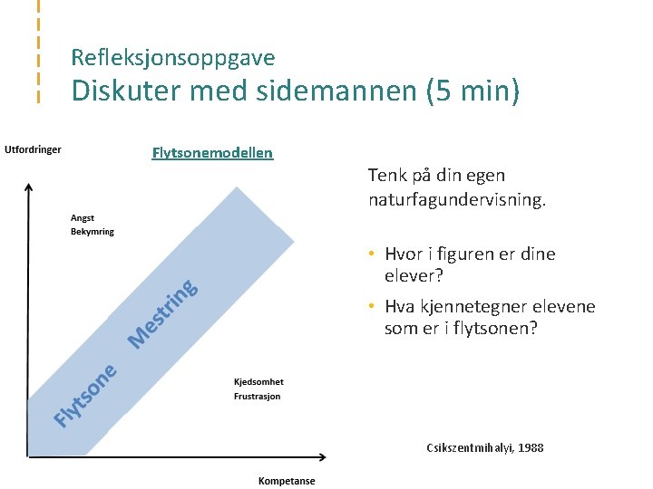 Refleksjonsoppgave Diskuter med sidemannen (5 min) Flytsonemodellen Tenk på din egen naturfagundervisning. • Hvor