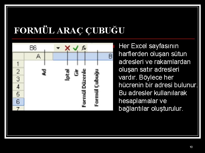 FORMÜL ARAÇ ÇUBUĞU n Her Excel sayfasının harflerden oluşan sütun adresleri ve rakamlardan oluşan