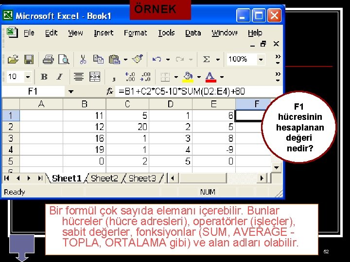 ÖRNEK F 1 hücresinin hesaplanan değeri nedir? Bir formül çok sayıda elemanı içerebilir. Bunlar