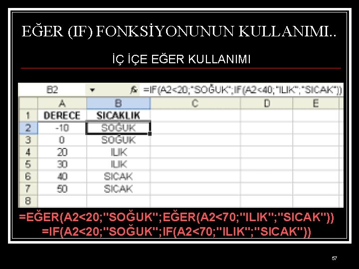 EĞER (IF) FONKSİYONUNUN KULLANIMI. . İÇ İÇE EĞER KULLANIMI =EĞER(A 2<20; "SOĞUK"; EĞER(A 2<70;