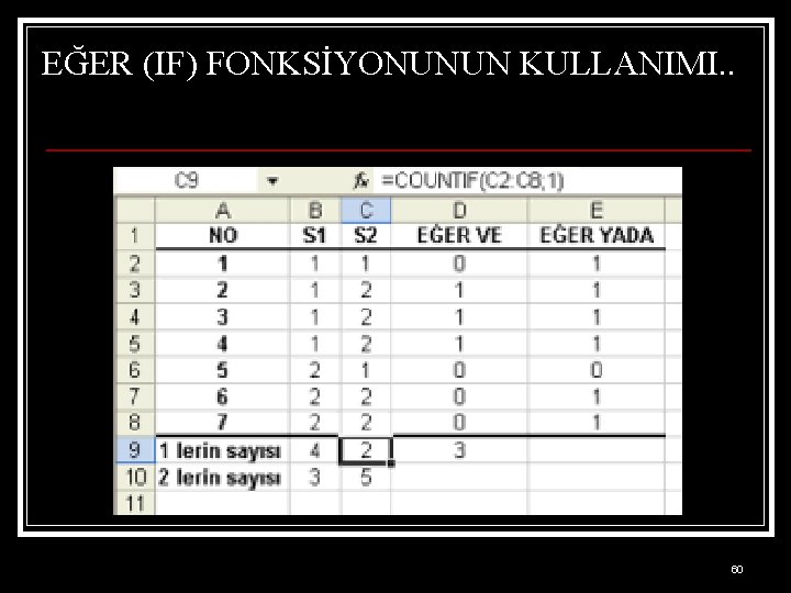 EĞER (IF) FONKSİYONUNUN KULLANIMI. . 60 