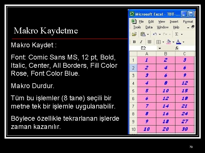 Makro Kaydetme Makro Kaydet : Font: Comic Sans MS, 12 pt, Bold, Italic, Center,