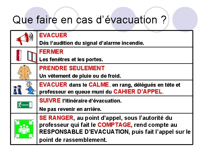 Que faire en cas d’évacuation ? EVACUER Dès l’audition du signal d’alarme incendie. FERMER