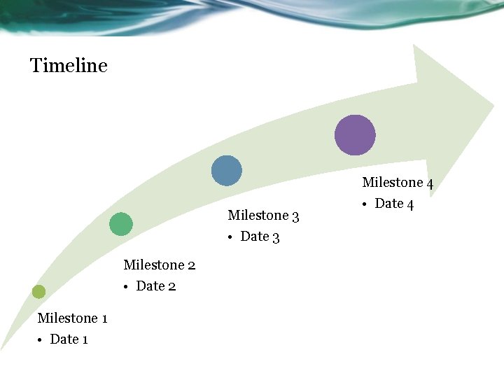 Timeline Milestone 3 • Date 3 Milestone 2 • Date 2 Milestone 1 •