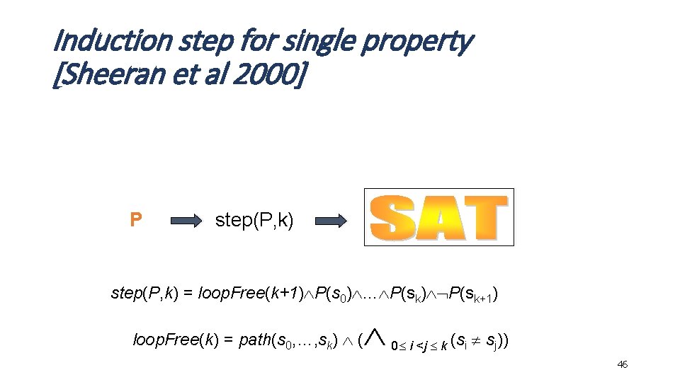 Induction step for single property [Sheeran et al 2000] P step(P, k) = loop.
