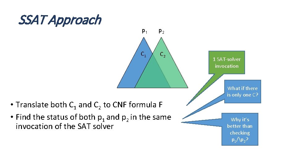 SSAT Approach p 1 p 2 C 1 C 2 1 SAT-solver invocation What