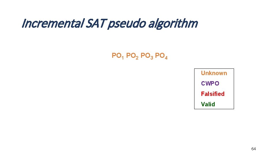 Incremental SAT pseudo algorithm PO 1 PO 2 PO 3 PO 4 Unknown CWPO