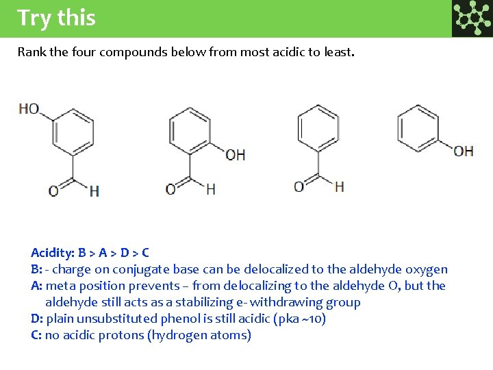 Try this Rank the four compounds below from most acidic to least. Acidity: B