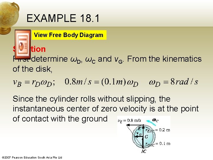 EXAMPLE 18. 1 View Free Body Diagram Solution First determine ωD, ωC and v.