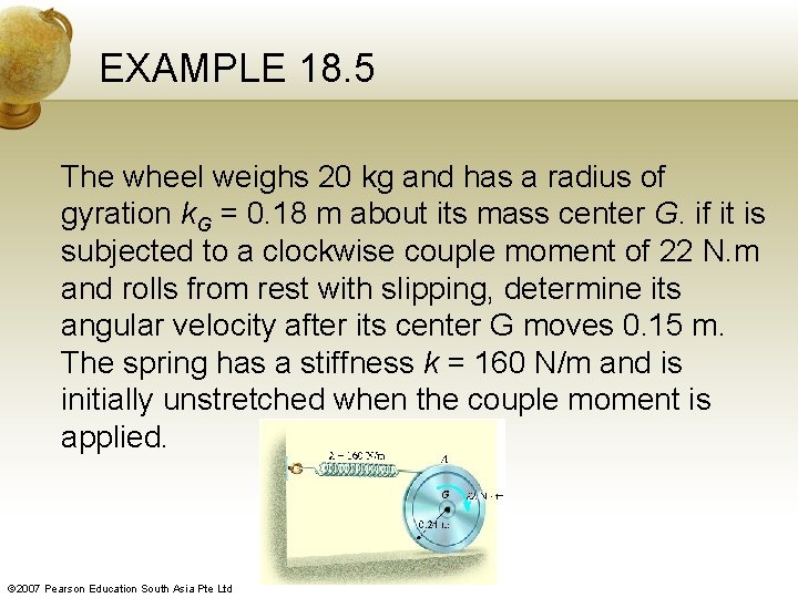 EXAMPLE 18. 5 The wheel weighs 20 kg and has a radius of gyration