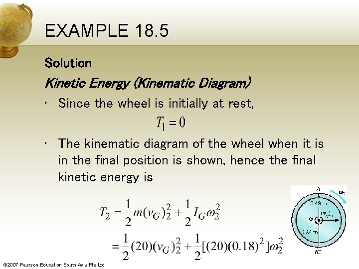 EXAMPLE 18. 5 Solution Kinetic Energy (Kinematic Diagram) • Since the wheel is initially