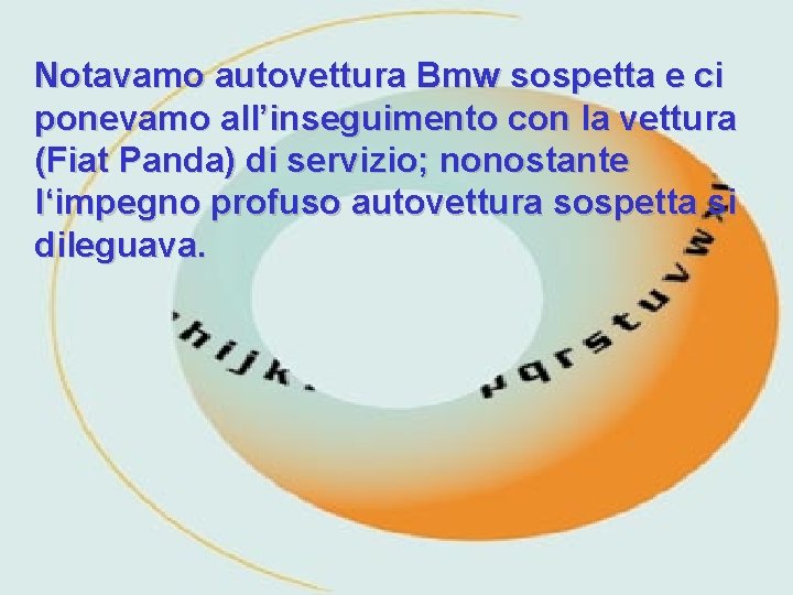 Notavamo autovettura Bmw sospetta e ci ponevamo all’inseguimento con la vettura (Fiat Panda) di