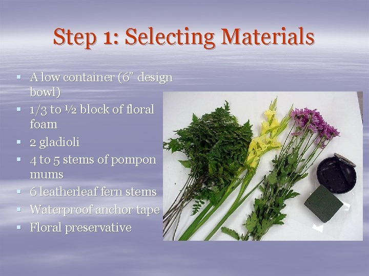 Step 1: Selecting Materials § A low container (6” design bowl) § 1/3 to