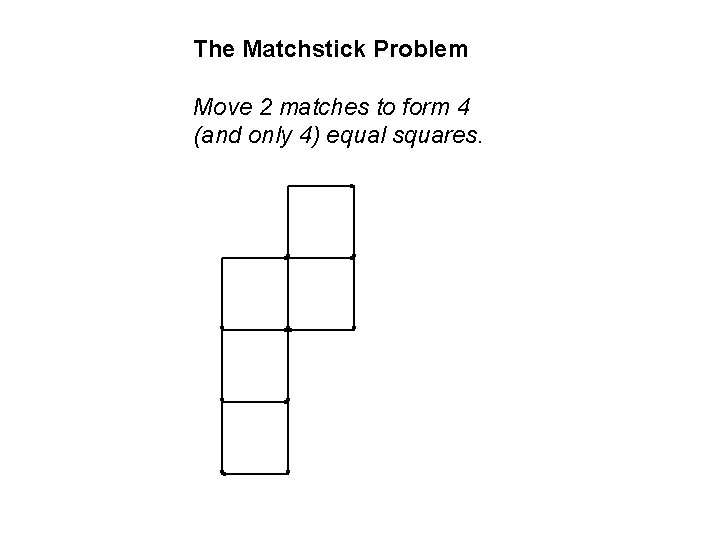 The Matchstick Problem Move 2 matches to form 4 (and only 4) equal squares.