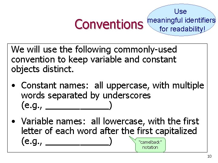 Conventions Use meaningful identifiers for readability! We will use the following commonly-used convention to
