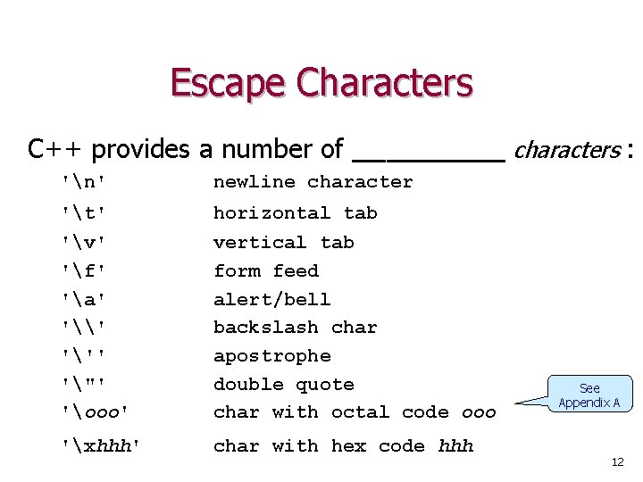 Escape Characters C++ provides a number of _____ characters : 'n' newline character 't'