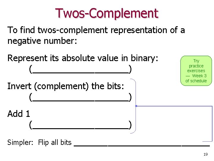 Twos-Complement To find twos-complement representation of a negative number: Represent its absolute value in