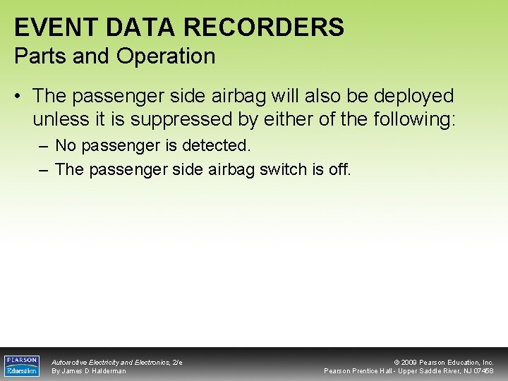 EVENT DATA RECORDERS Parts and Operation • The passenger side airbag will also be