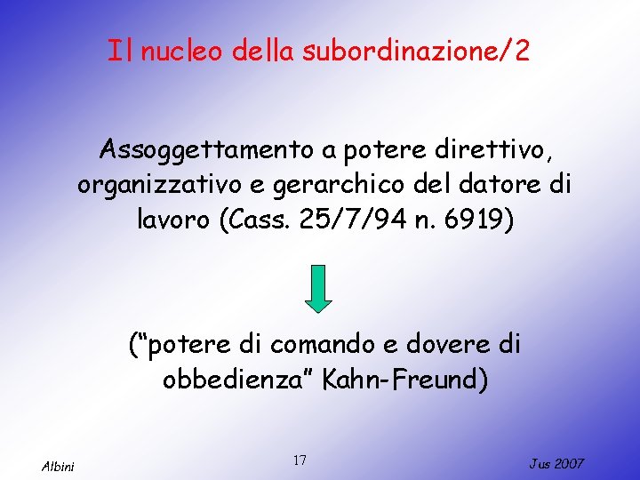 Il nucleo della subordinazione/2 Assoggettamento a potere direttivo, organizzativo e gerarchico del datore di