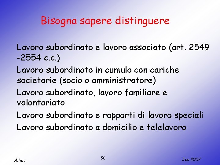 Bisogna sapere distinguere Lavoro subordinato e lavoro associato (art. 2549 -2554 c. c. )