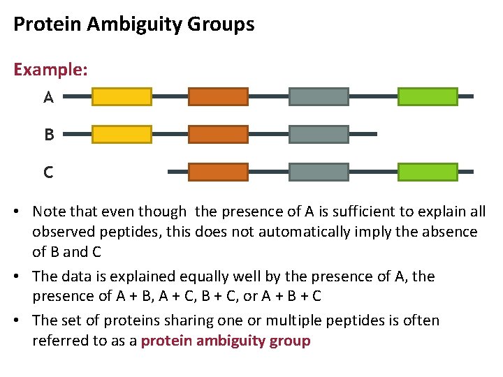 Protein Ambiguity Groups Example: A B C • Note that even though the presence