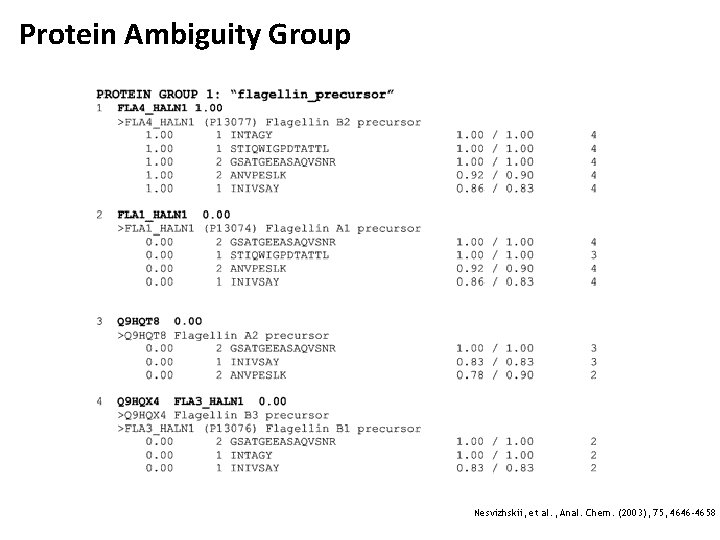 Protein Ambiguity Group Nesvizhskii, et al. , Anal. Chem. (2003), 75, 4646 -4658 