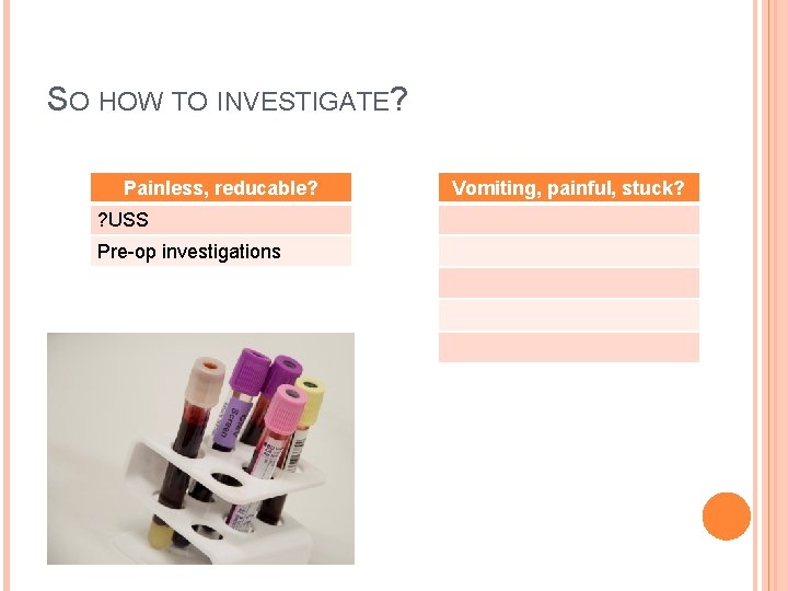 SO HOW TO INVESTIGATE? Painless, reducable? Vomiting, painful, stuck? ? USS FBC, U&E, CRP